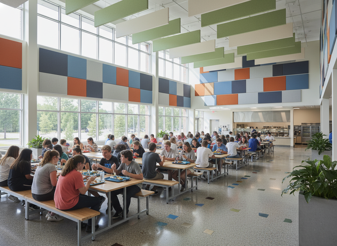 School cafeteria with colorful acoustic wall panels and ceiling baffles